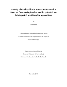 A Study of Dendrochirotid Sea Cucumbers with a Focus on Cucumaria Frondosa and Its Potential Use in Integrated Multi-Trophic Aquaculture