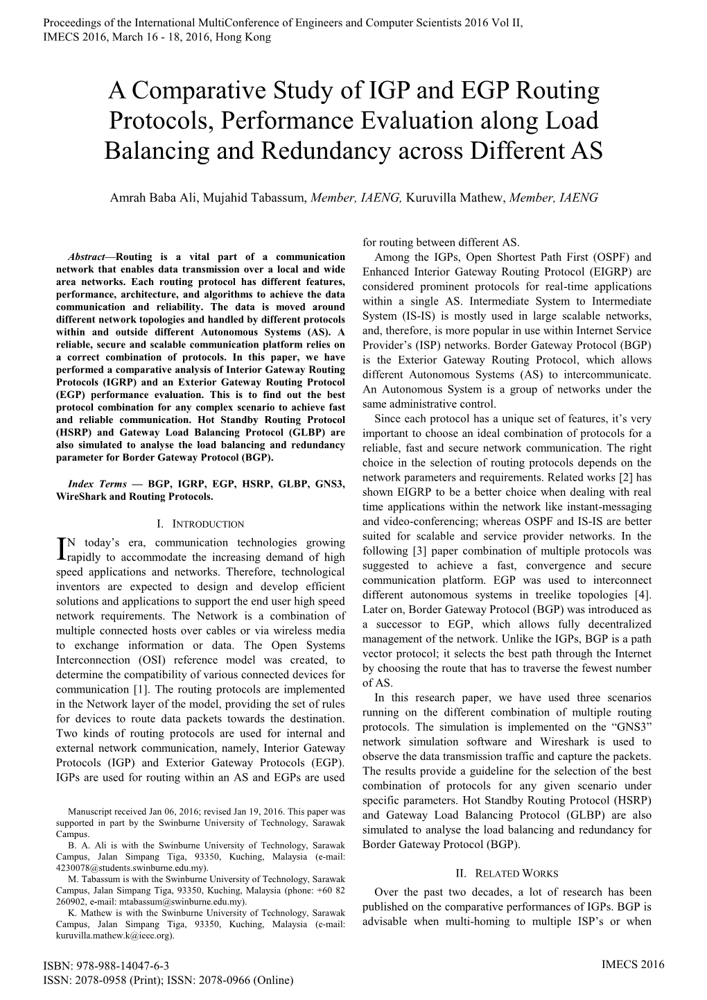 A Comparative Study of IGP and EGP Routing Protocols, Performance Evaluation Along Load Balancing and Redundancy Across Different AS