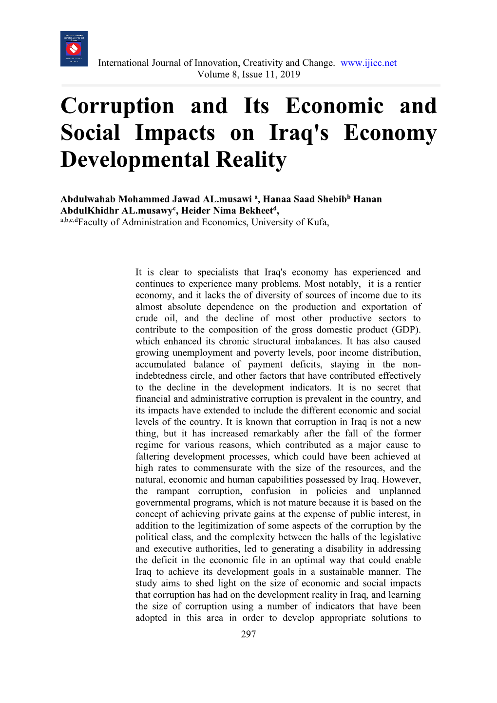 Corruption and Its Economic and Social Impacts on Iraq's Economy Developmental Reality