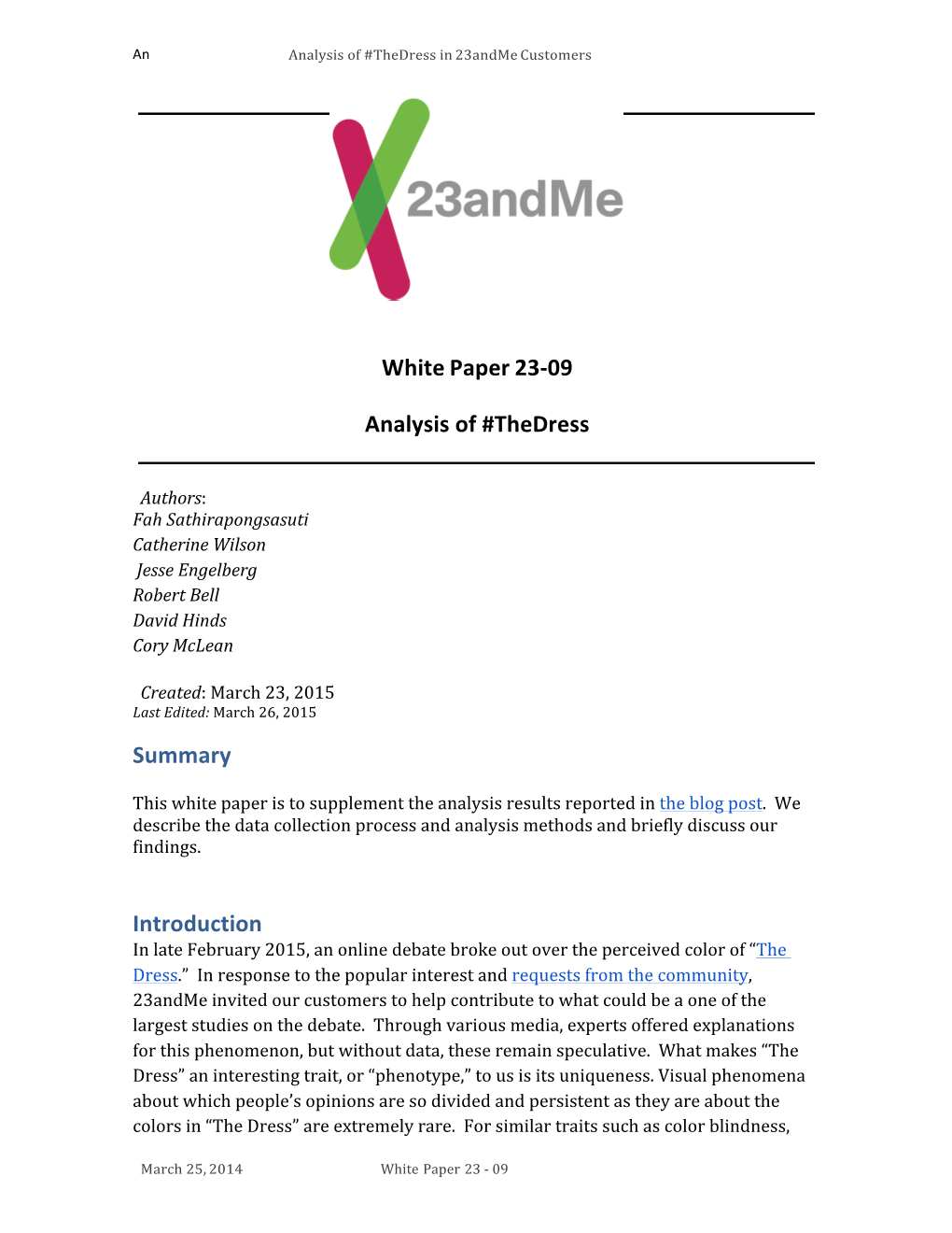 White Paper 23-‐09 Analysis of #Thedress Summary Introduction