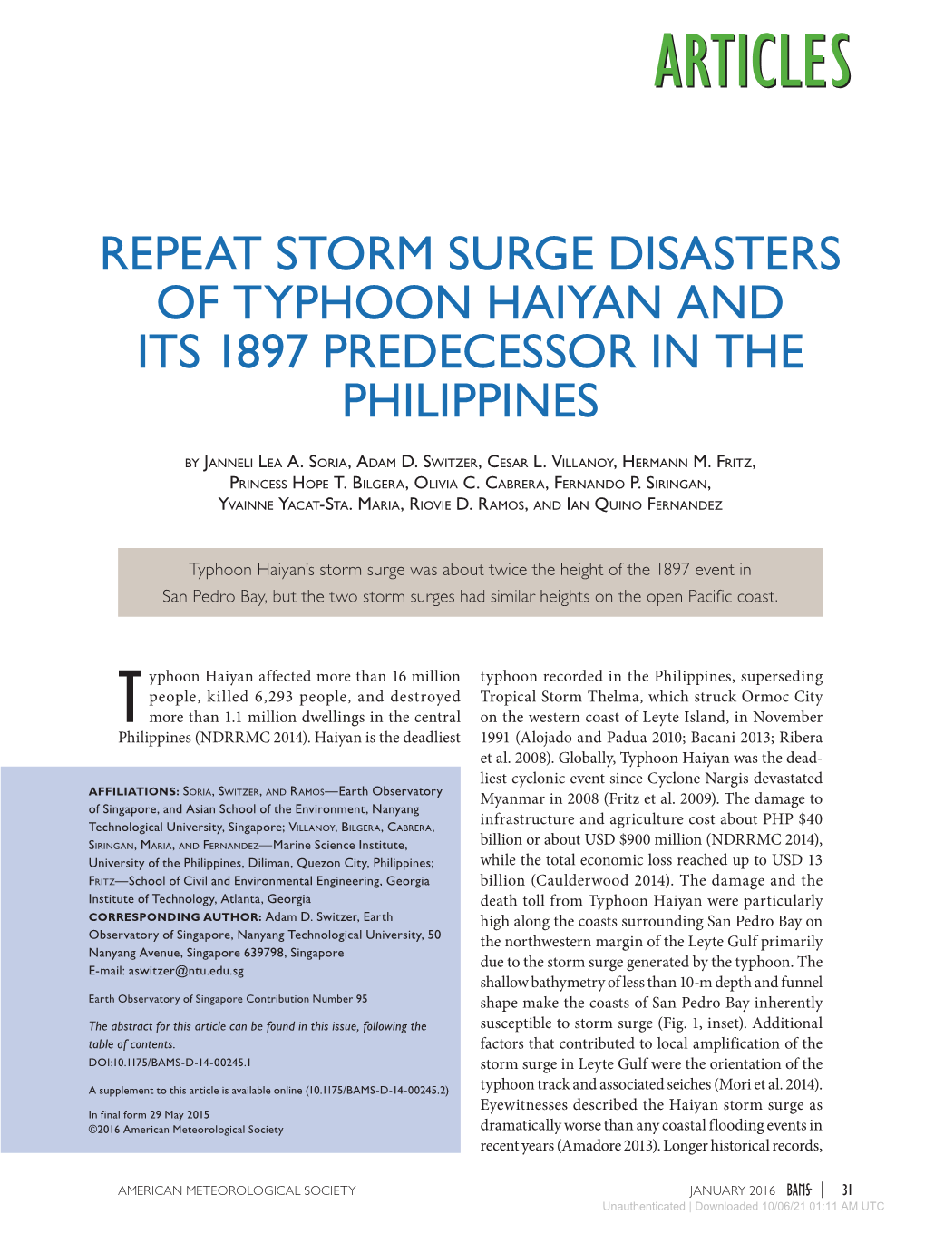 Repeat Storm Surge Disasters of Typhoon Haiyan and Its 1897 Predecessor in the Philippines