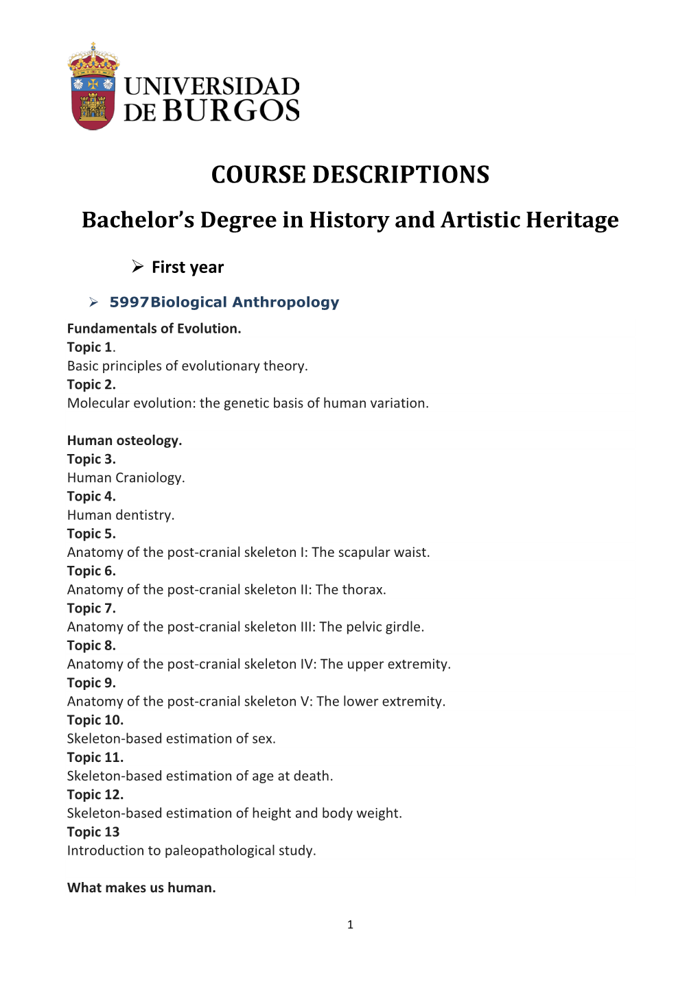 Course Descriptions. History and Artistic Heritage