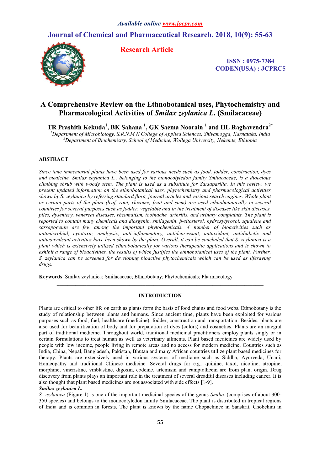 A Comprehensive Review on the Ethnobotanical Uses, Phytochemistry and Pharmacological Activities of Smilax Zeylanica L