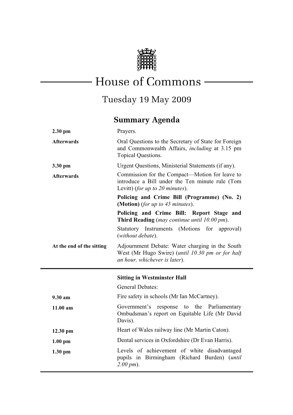 House of Commons Tuesday 19 May 2009