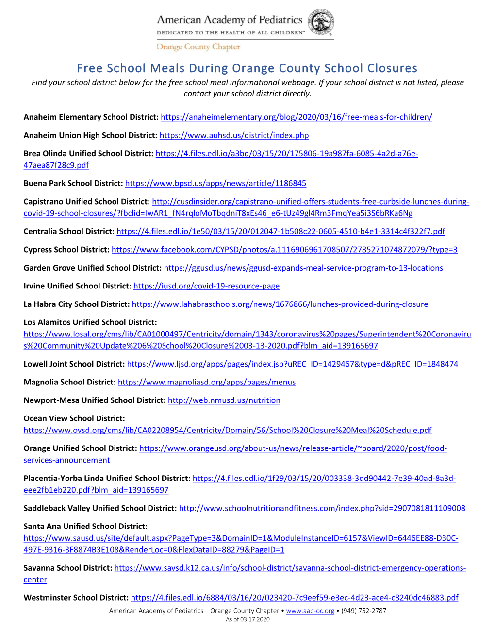 Free School Meals During Orange County School Closures Find Your School District Below for the Free School Meal Informational Webpage