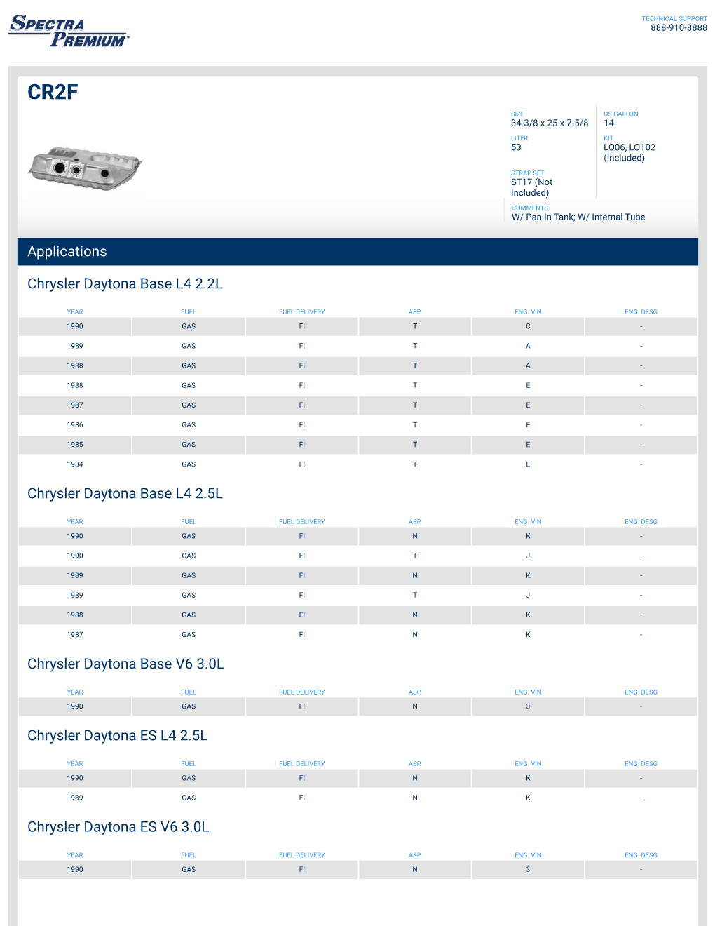 Applications Chrysler Daytona Base L4 2.2L Chrysler