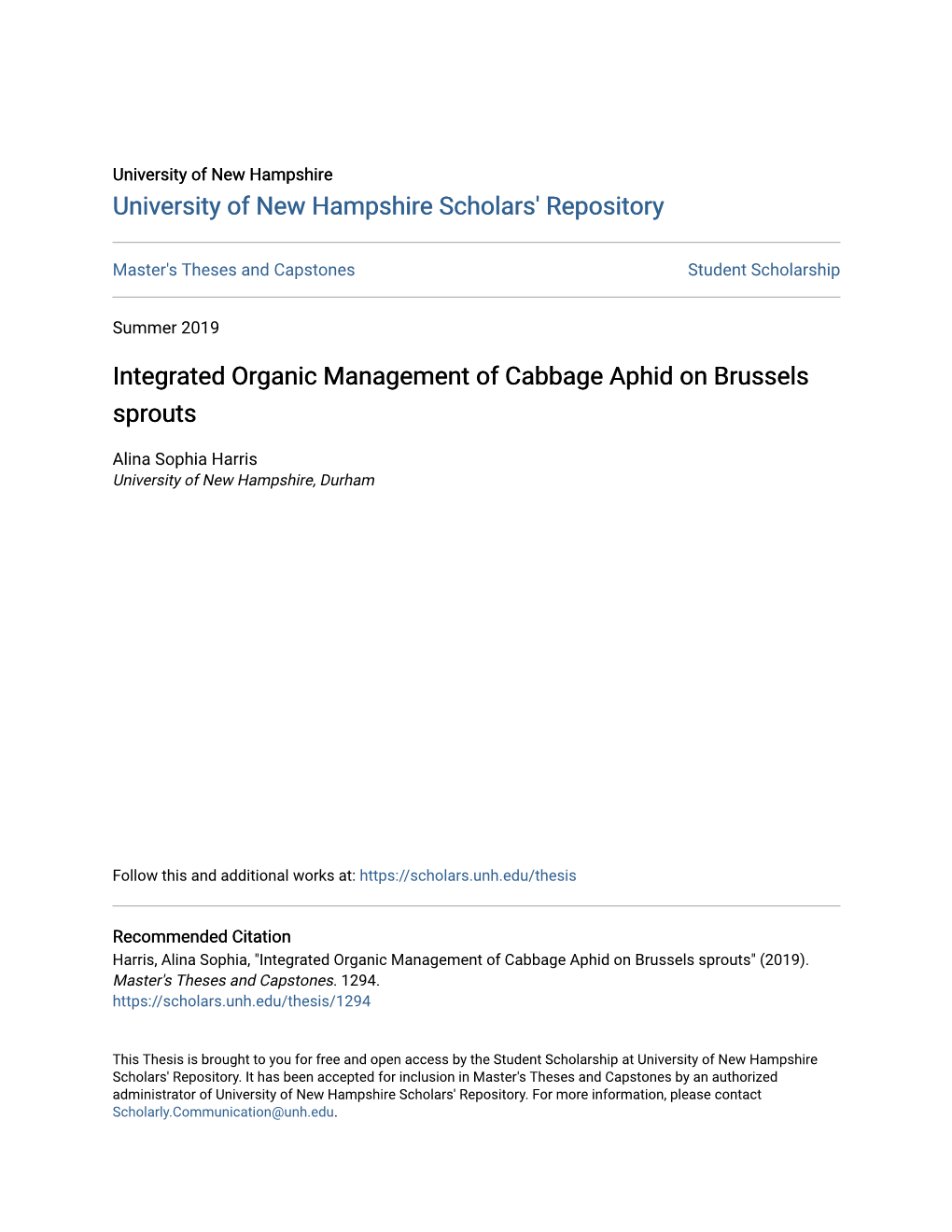 Integrated Organic Management of Cabbage Aphid on Brussels Sprouts