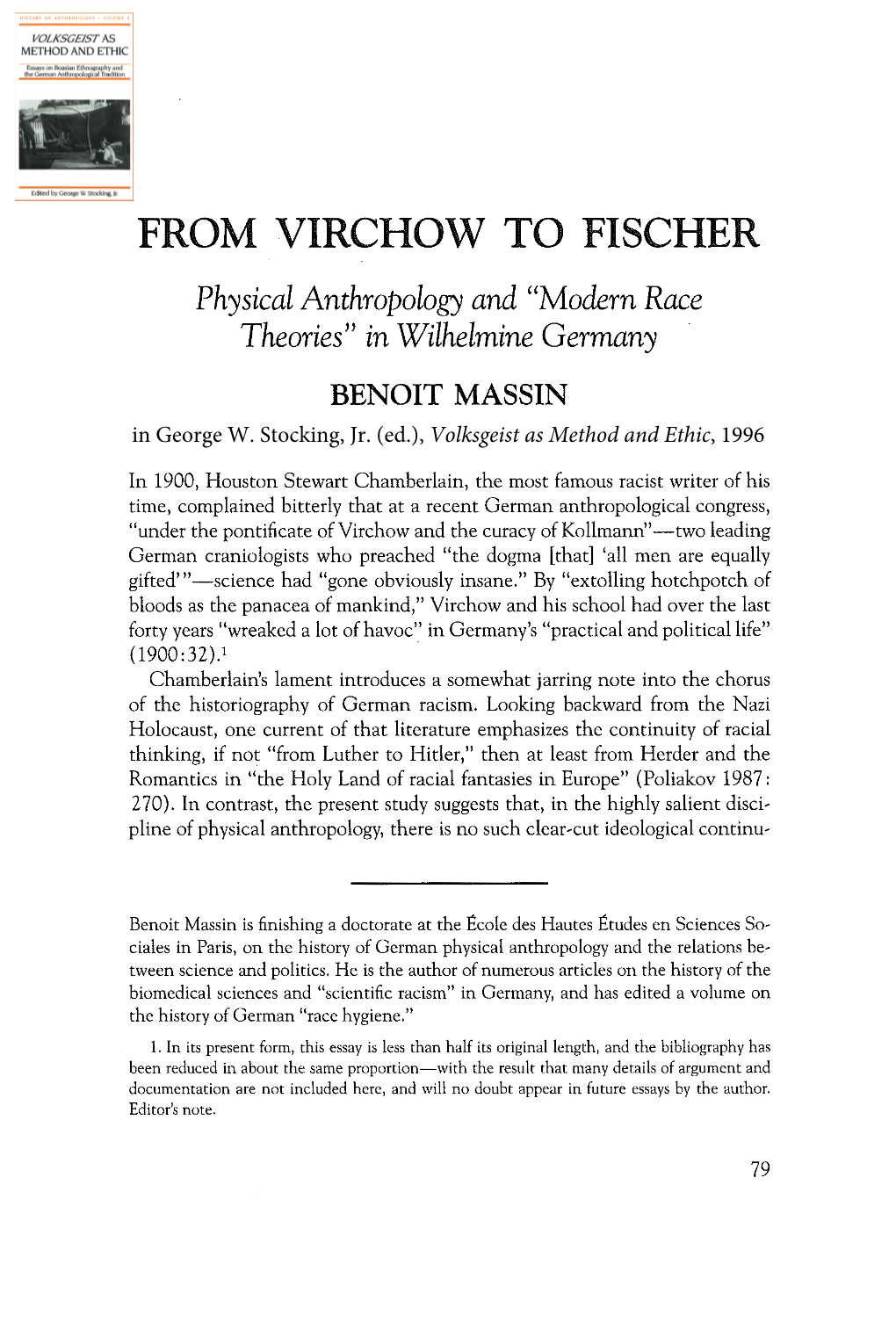 FROM VIRCHOW to FISCHER Physical Anthropology and "Modern Race Theories" in Wilhelmine Germany