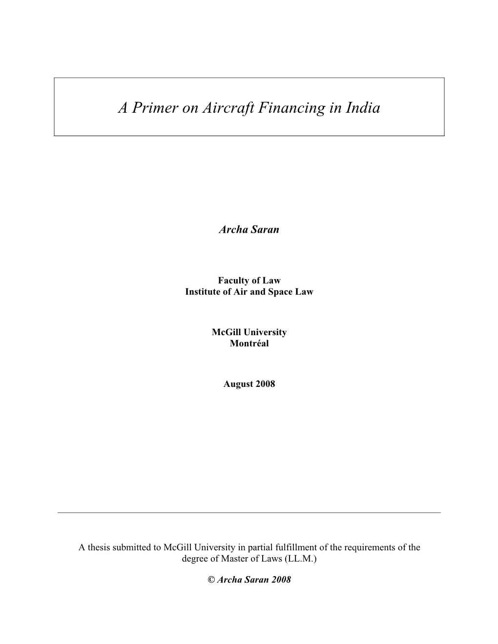 A Primer on Aircraft Financing in India