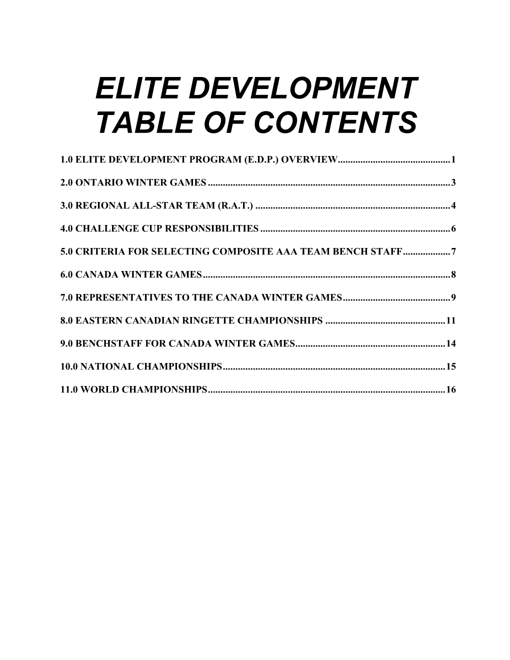 Elite Development Table of Contents