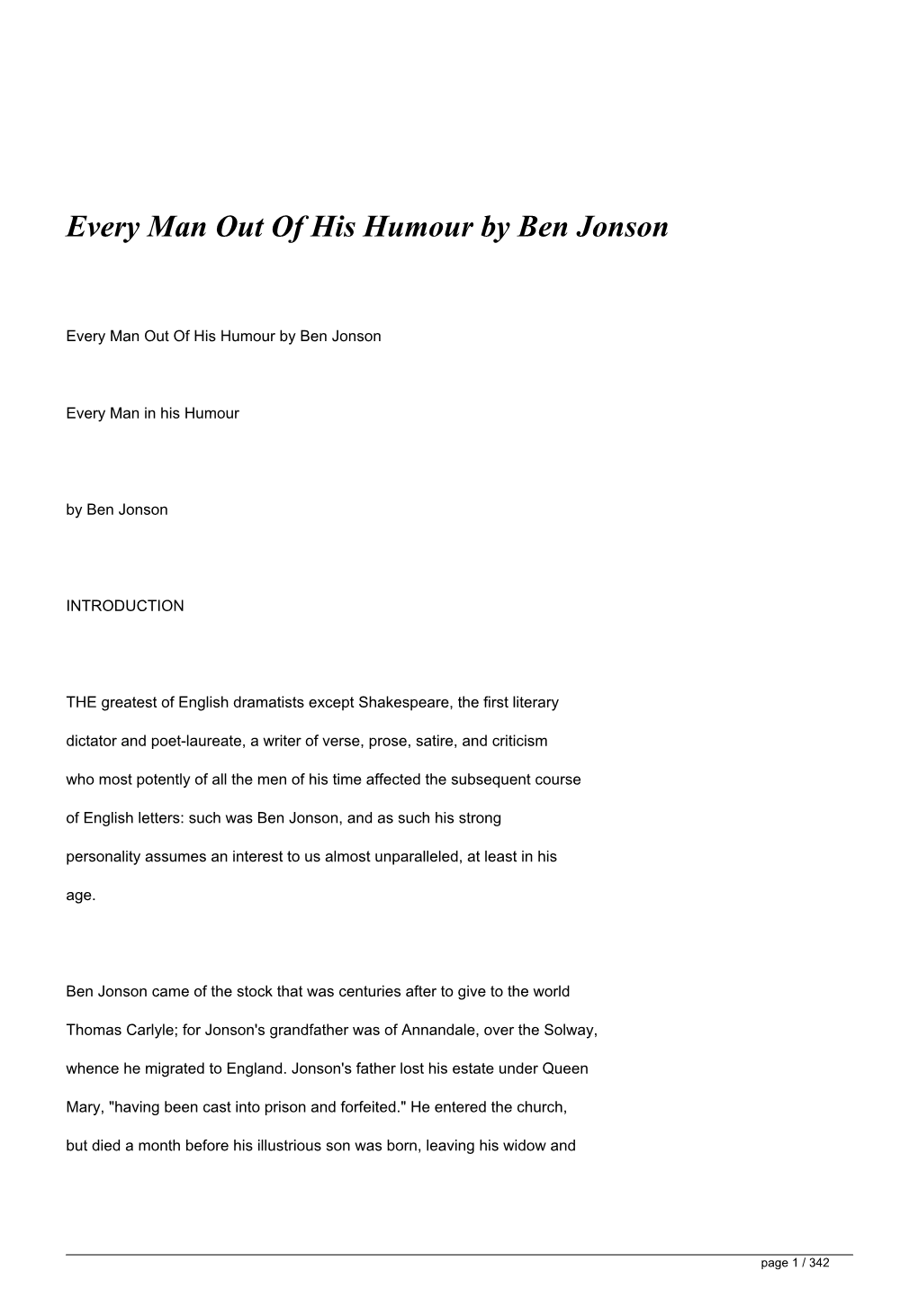 Every Man out of His Humour by Ben Jonson</H1>