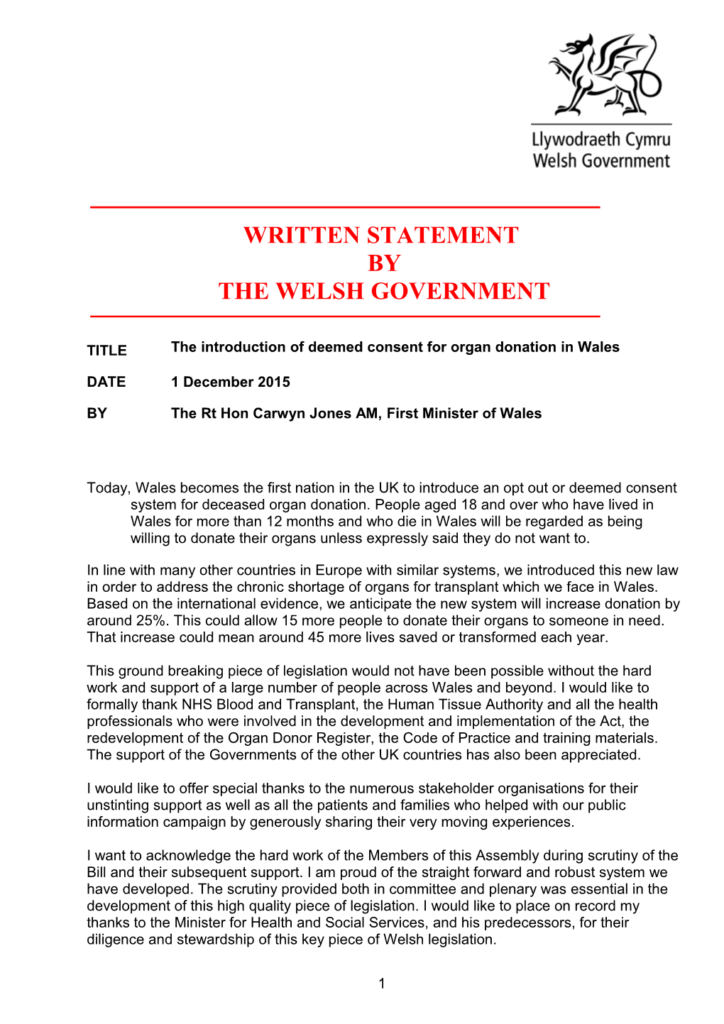 The Introduction of Deemed Consent for Organ Donation in Wales