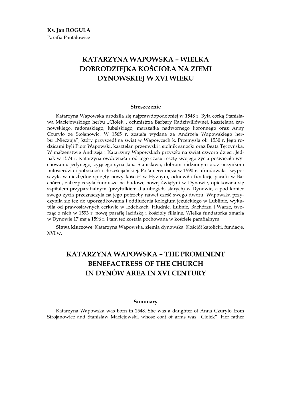 Katarzyna Wapowska – Wielka Dobrodziejka Kościoła Na Ziemi Dynowskiej W Xvi Wieku