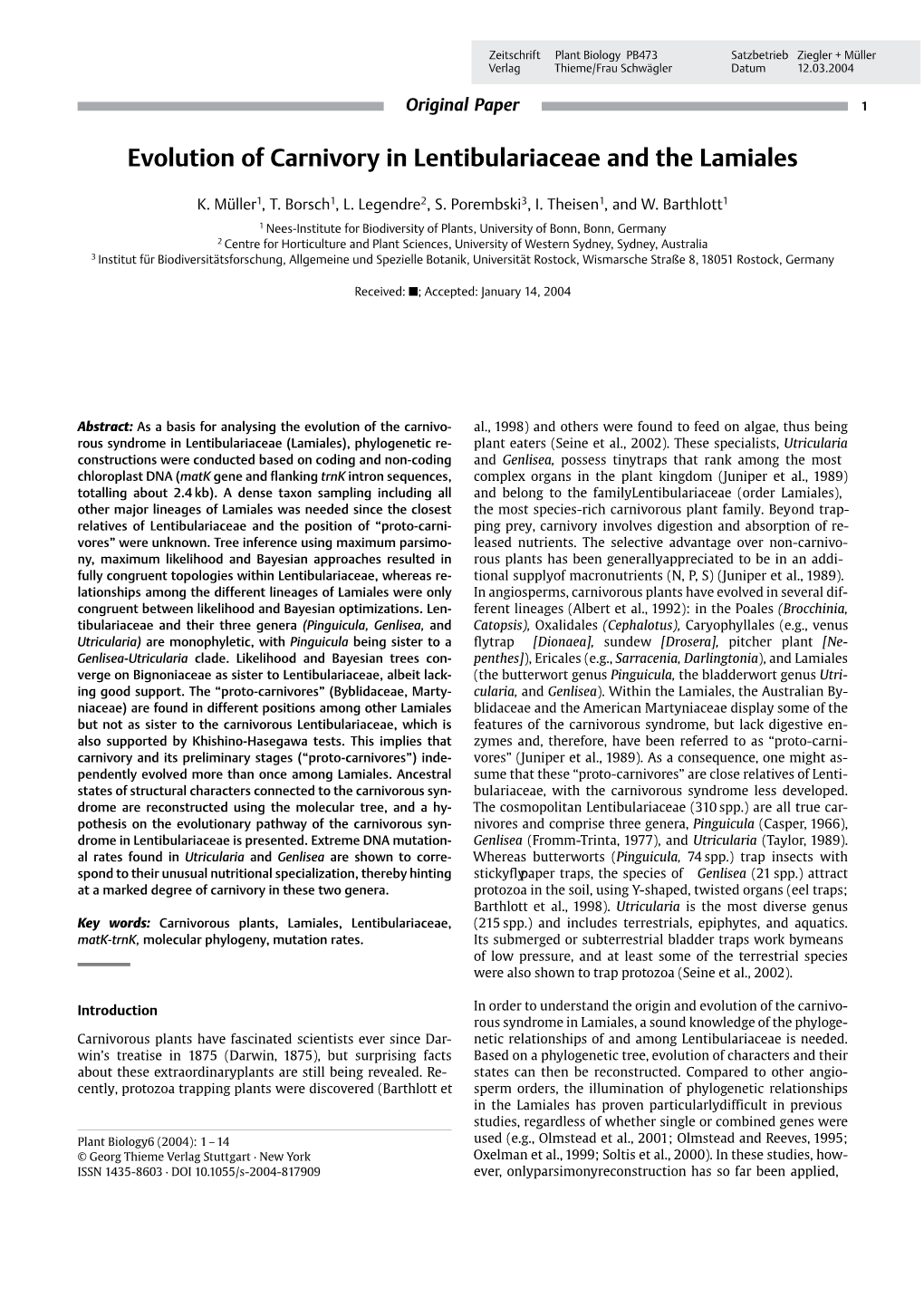 Evolution of Carnivory in Lentibulariaceae and the Lamiales