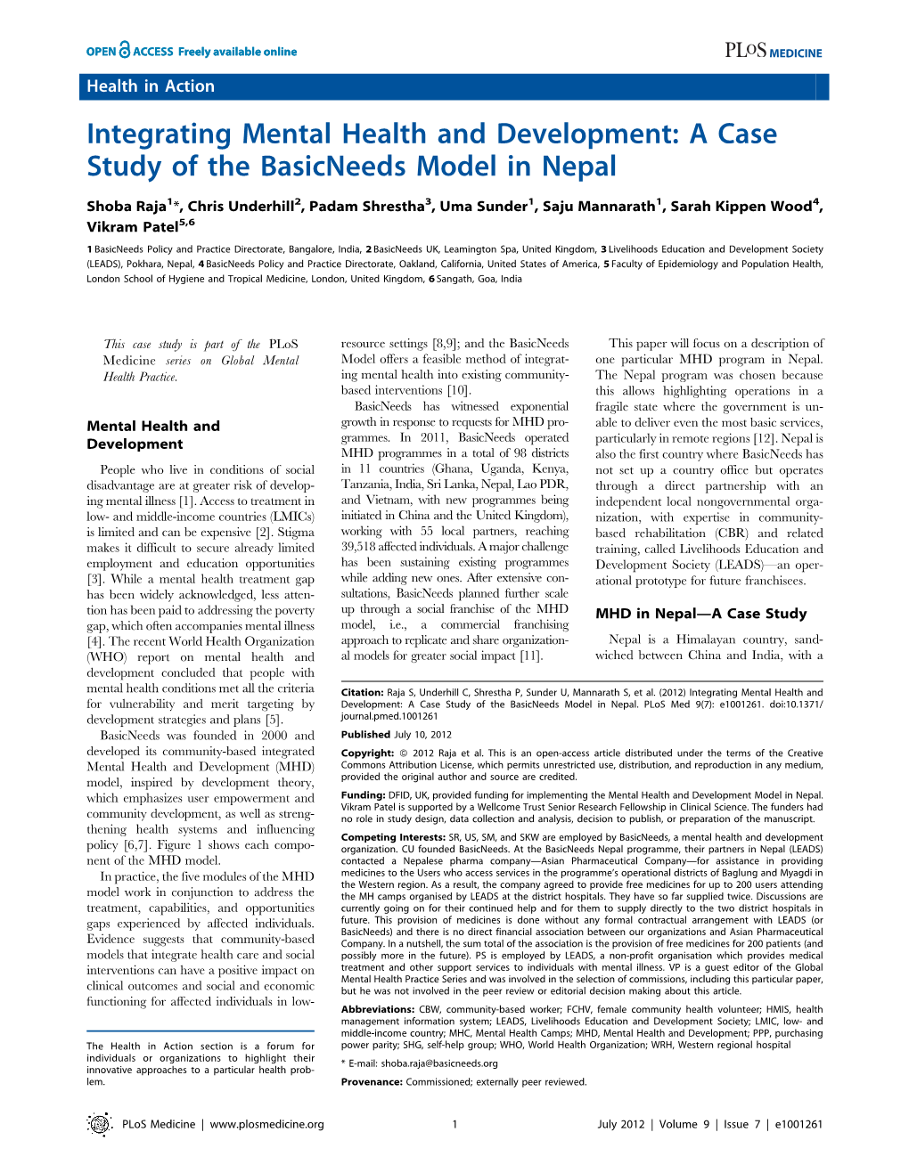 Integrating Mental Health and Development: a Case Study of the Basicneeds Model in Nepal