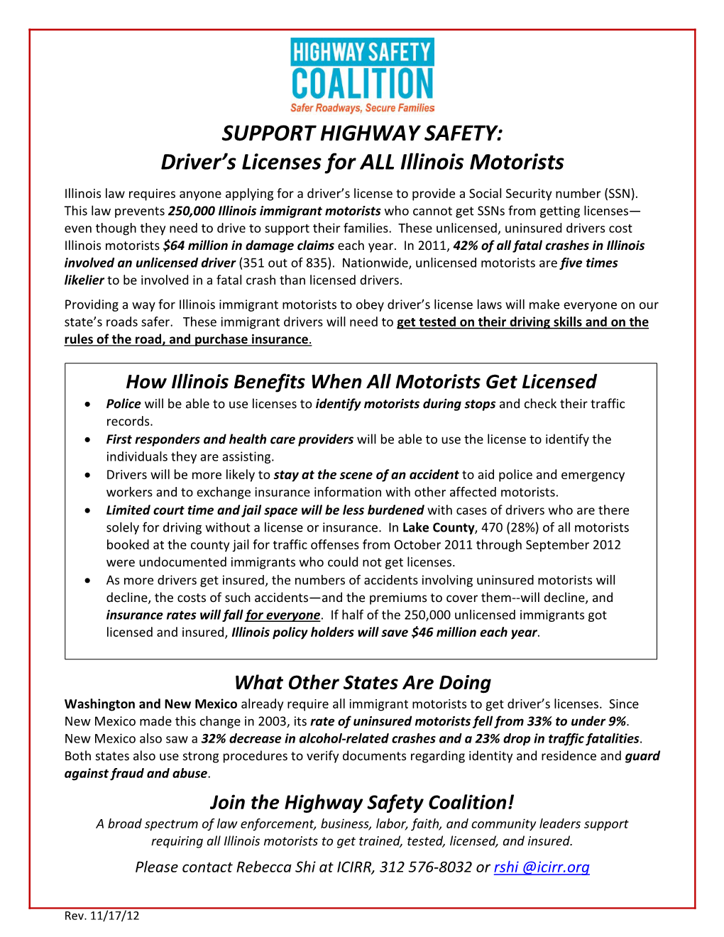 SUPPORT HIGHWAY SAFETY: Driver’S Licenses for ALL Illinois Motorists