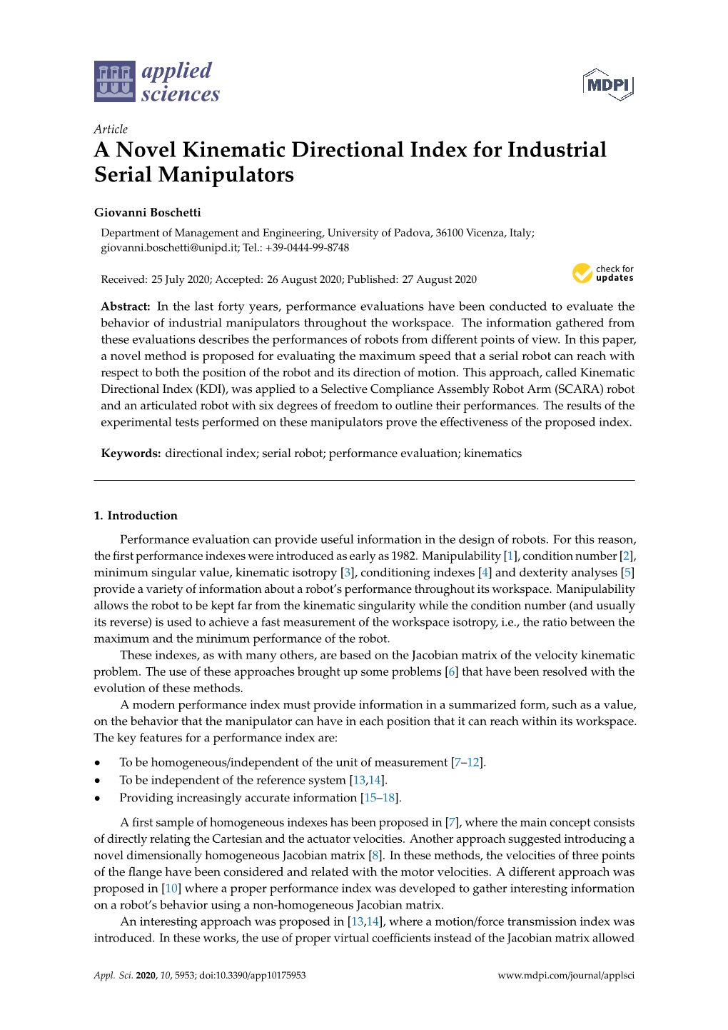 A Novel Kinematic Directional Index for Industrial Serial Manipulators