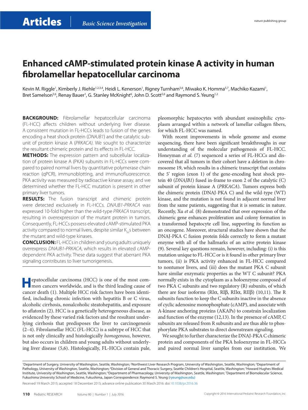 Enhanced Camp-Stimulated Protein Kinase a Activity in Human Fibrolamellar Hepatocellular Carcinoma