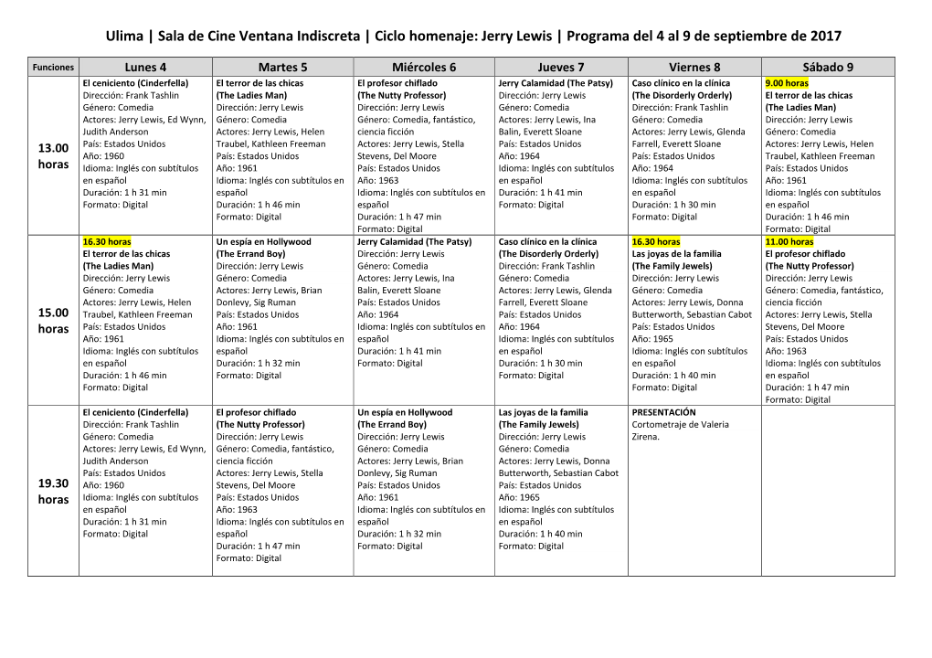 Ulima | Sala De Cine Ventana Indiscreta | Ciclo Homenaje: Jerry Lewis | Programa Del 4 Al 9 De Septiembre De 2017