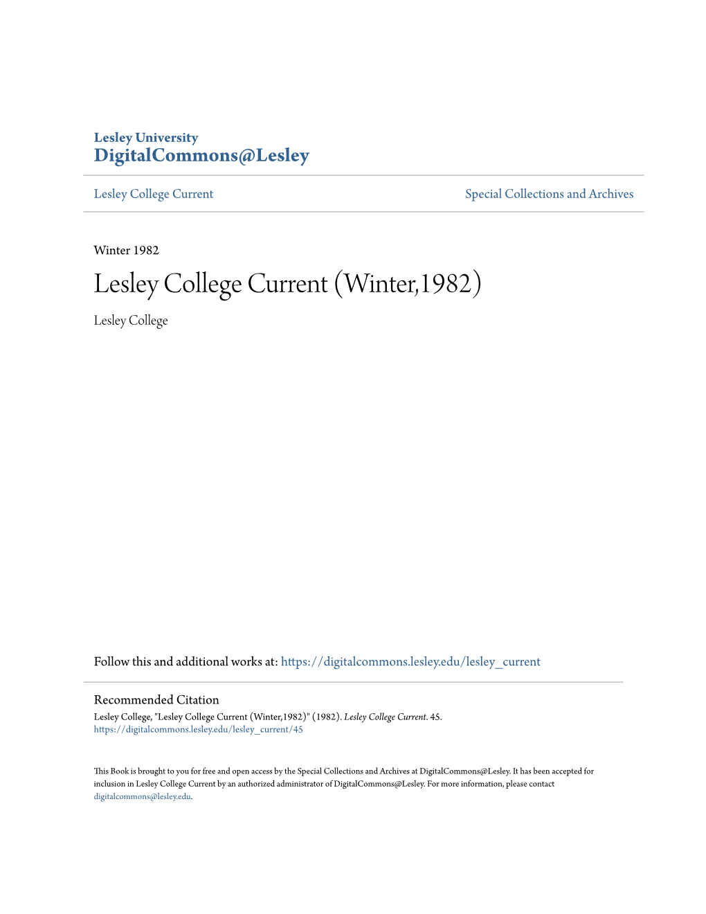 Lesley College Current (Winter,1982) Lesley College