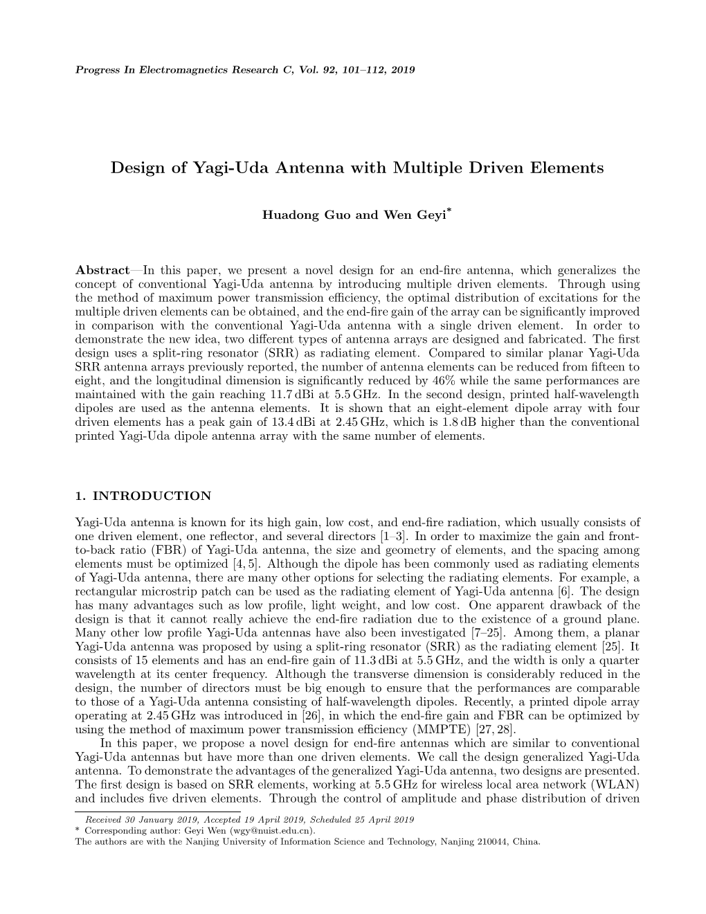 Design of Yagi-Uda Antenna with Multiple Driven Elements