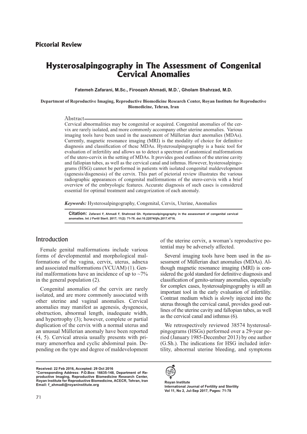 Hysterosalpingography in the Assessment of Congenital Cervical Anomalies