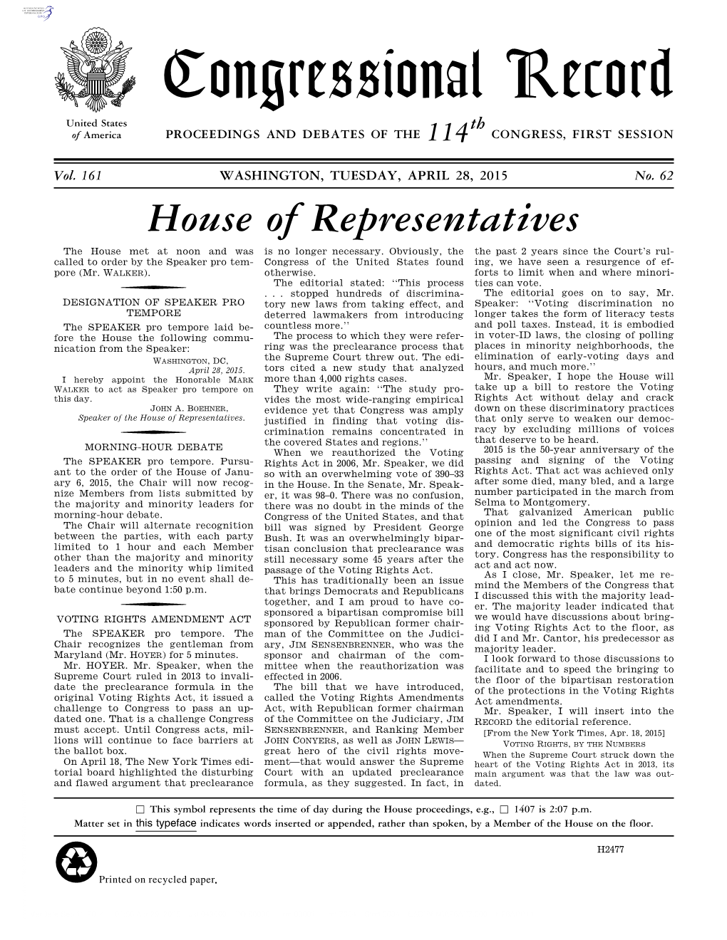 Congressional Record United States Th of America PROCEEDINGS and DEBATES of the 114 CONGRESS, FIRST SESSION