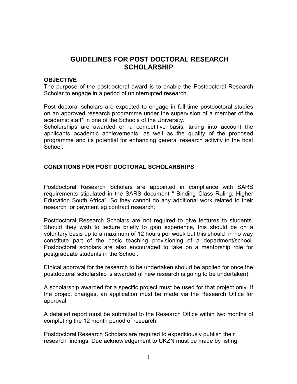 Guidelines for Post Doctoral Research Scholarship