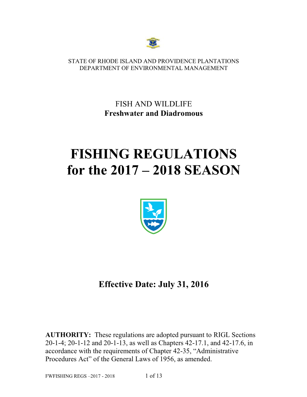 FISHING REGULATIONS for the 2017 – 2018 SEASON