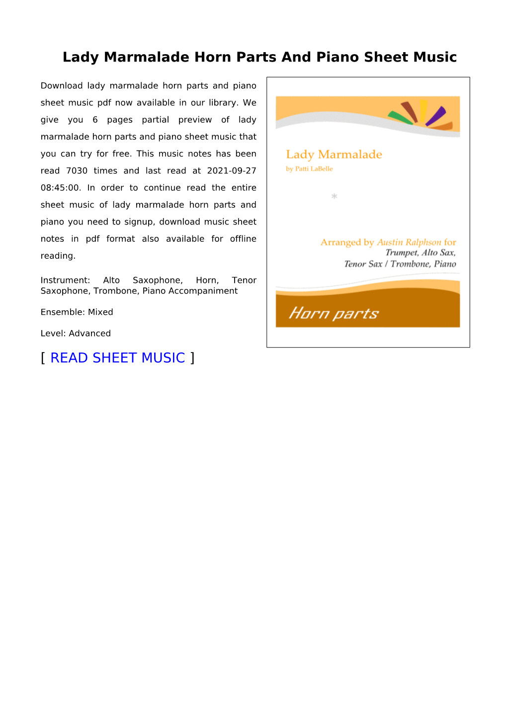 Sheet Music of Lady Marmalade Horn Parts and Piano You Need to Signup, Download Music Sheet Notes in Pdf Format Also Available for Offline Reading