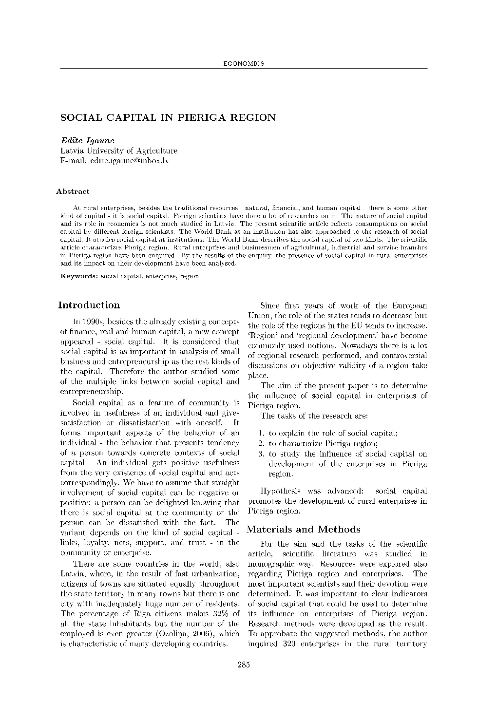SOCIAL CAPITAL in PIERIGA REGION Introduction Materials And