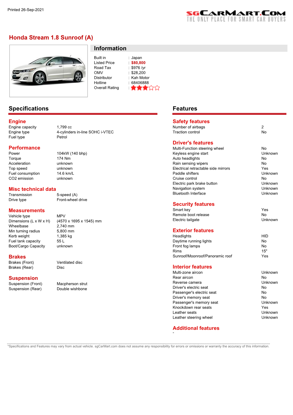 Honda Stream 1.8 Sunroof (A) Information