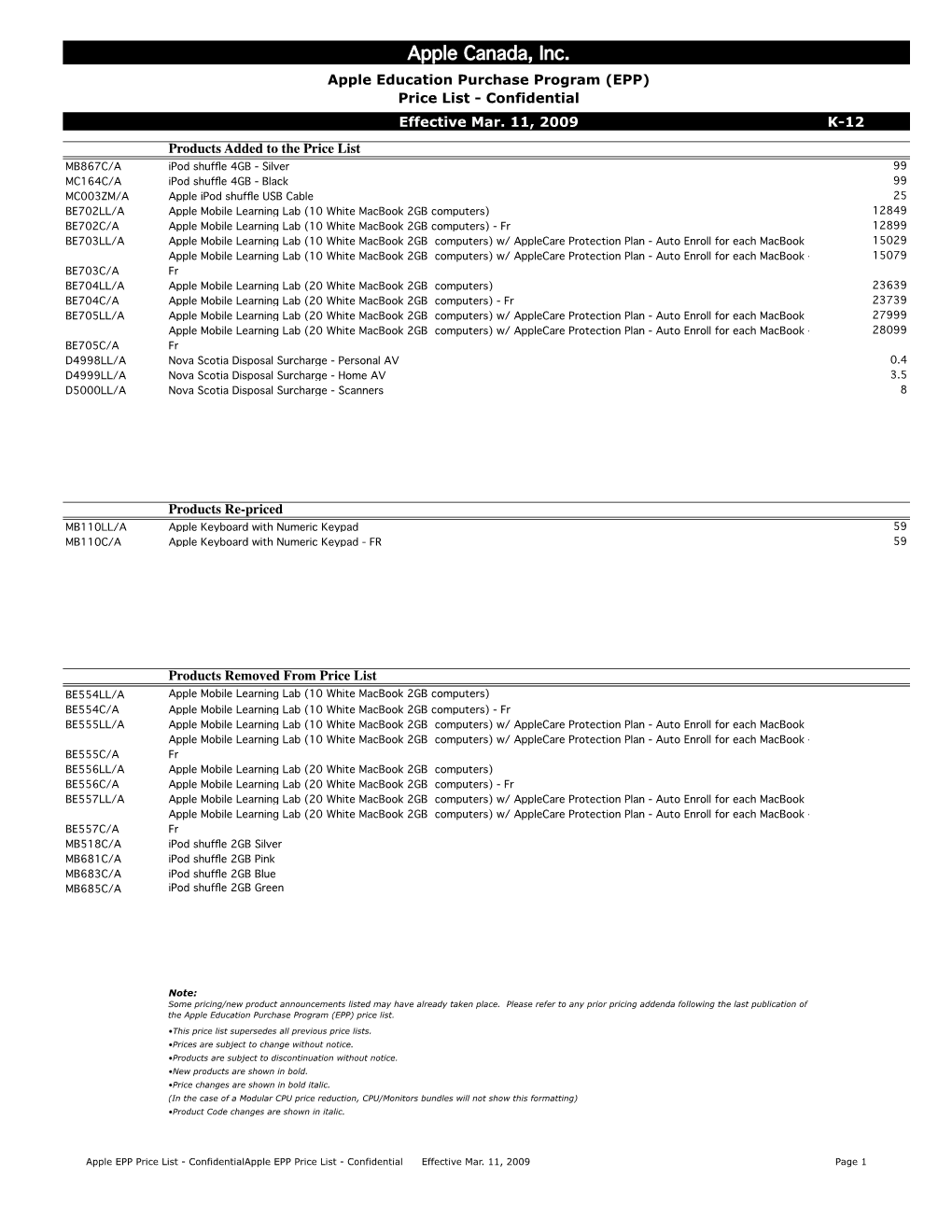 Apple Canada, Inc. Apple Education Purchase Program (EPP) Price List - Confidential Effective Mar