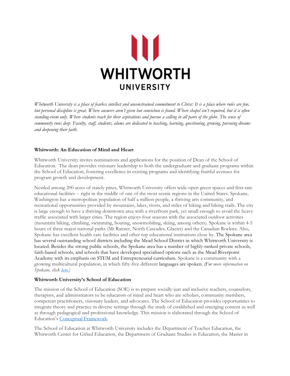 Whitworth University Is a Place of Fearless Intellect and Unconstrained Commitment to Christ