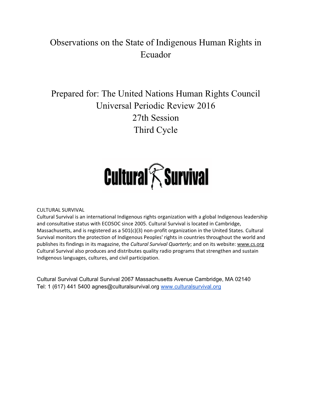 Observations on the State of Indigenous Human Rights in Ecuador Prepared