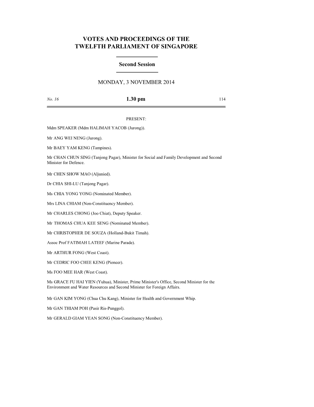 Votes and Proceedings of the Twelfth Parliament of Singapore