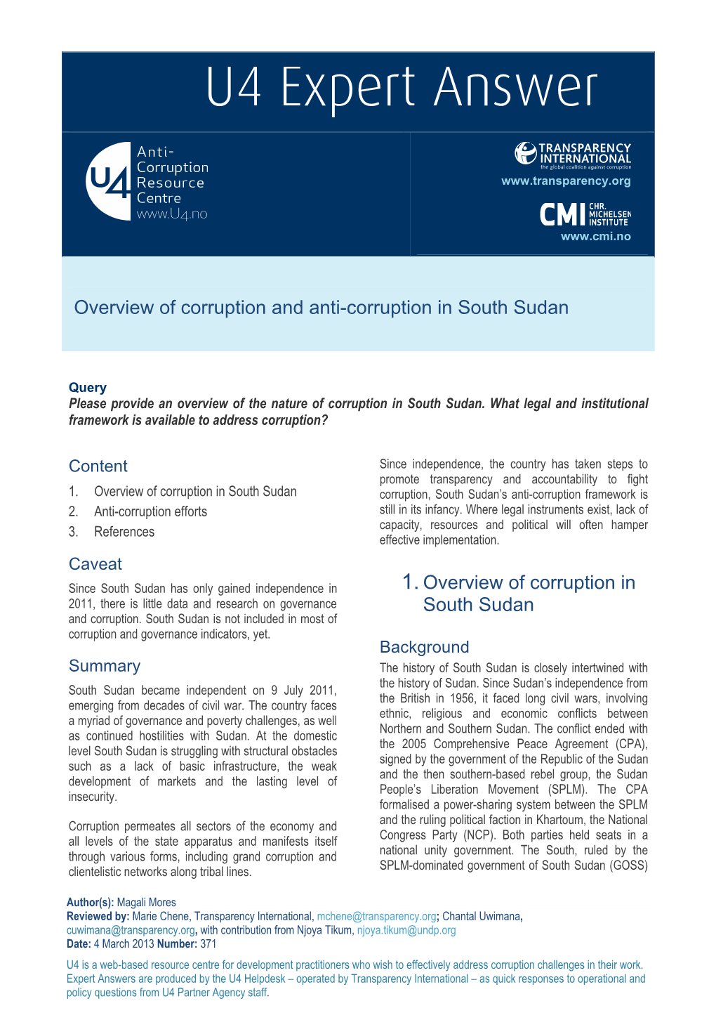 Overview of Corruption and Anti-Corruption in South Sudan