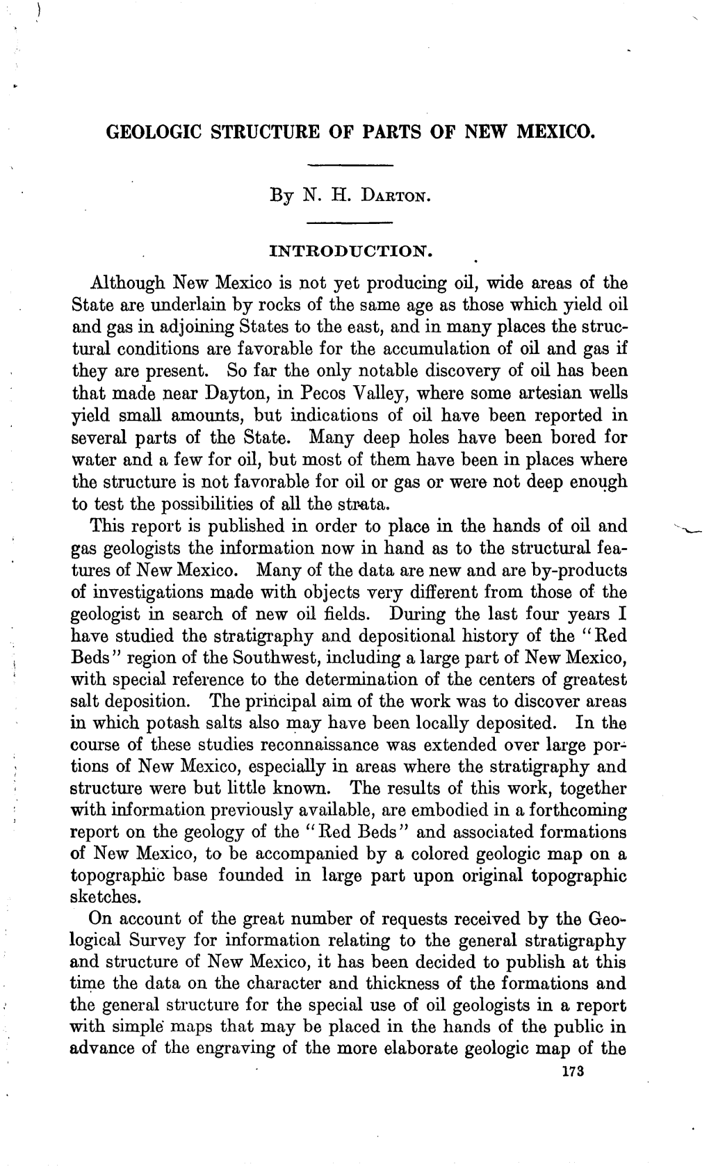 GEOLOGIC STRUCTURE of PARTS of NEW MEXICO. by N. H. DAKTON. Although New Mexico Is Not Yet Producing Oil, Wide Areas of the Stat