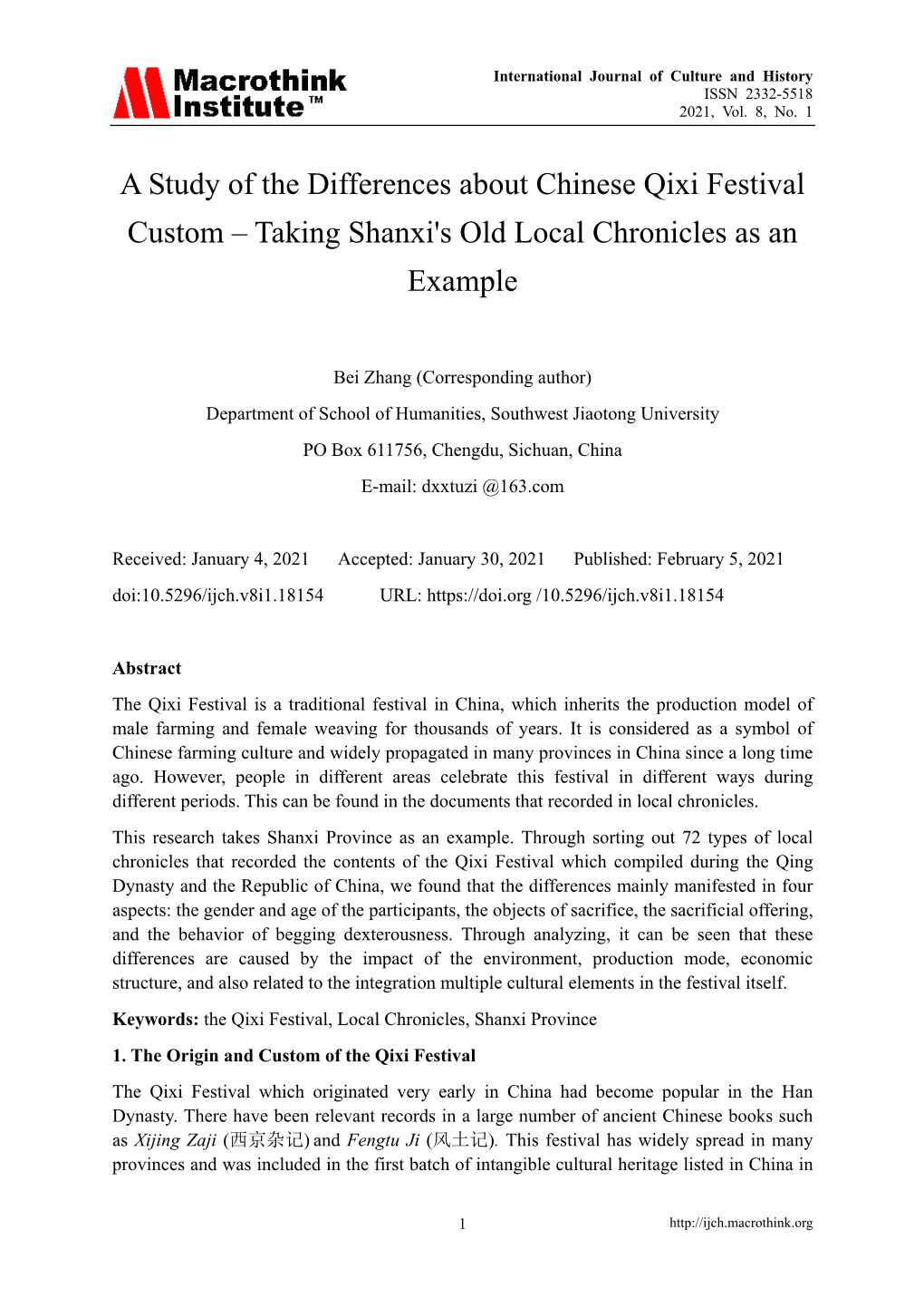 A Study of the Differences About Chinese Qixi Festival Custom – Taking Shanxi's Old Local Chronicles As an Example