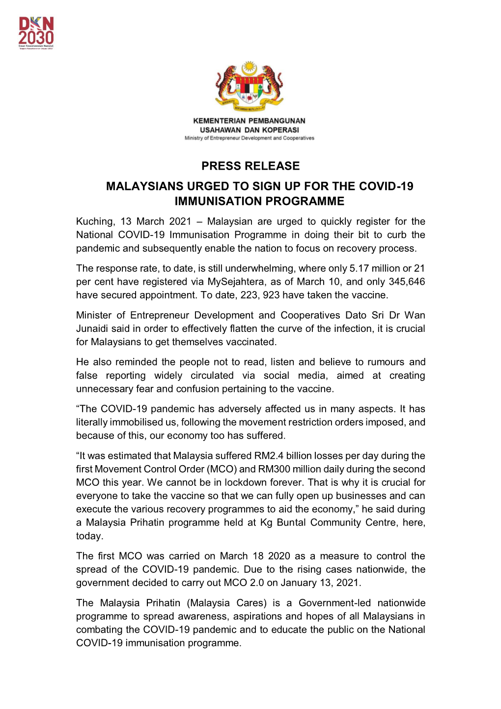 Press Release Malaysians Urged to Sign up for the Covid-19 Immunisation Programme