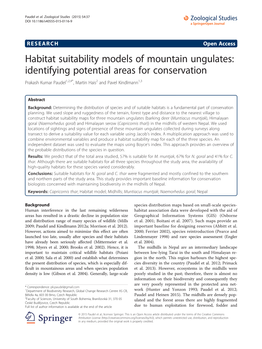 Habitat Suitability Models of Mountain Ungulates: Identifying Potential Areas for Conservation Prakash Kumar Paudel1,2,4*, Martin Hais2 and Pavel Kindlmann1,3