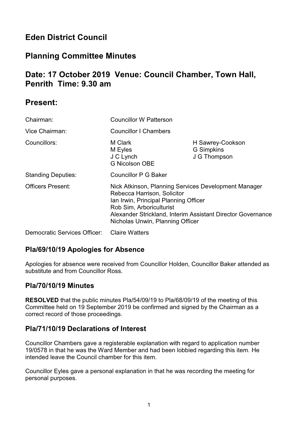 (Public Pack)Minutes Document for Planning Committee, 17/10/2019