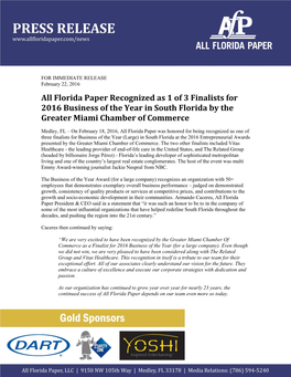 All Florida Paper Recognized As 1 of 3 Finalists for 2016 Business of the Year in South Florida by the Greater Miami Chamber of Commerce