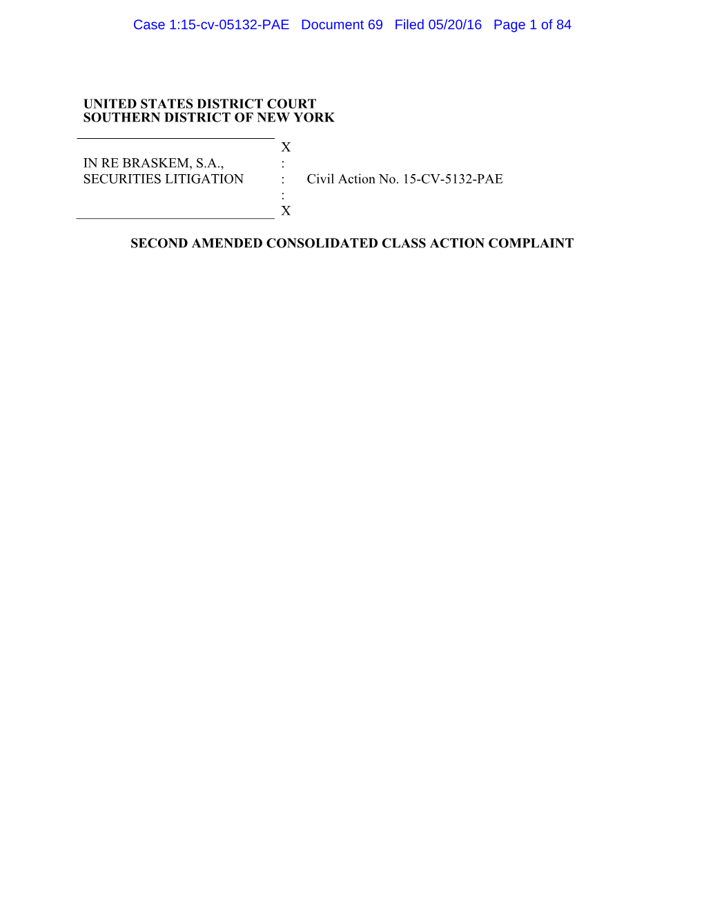 In Re Braskem Securities Litigation 15-CV-05132-Second Amended