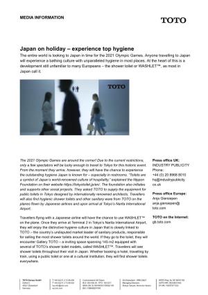 Japan on Holiday – Experience Top Hygiene the Entire World Is Looking to Japan in Time for the 2021 Olympic Games