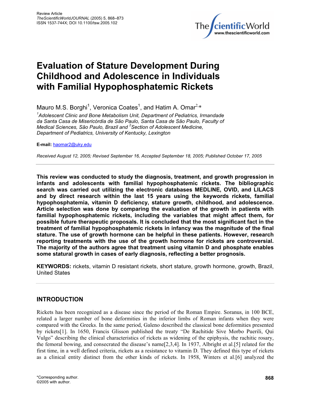 Evaluation of Stature Development During Childhood and Adolescence in Individuals with Familial Hypophosphatemic Rickets