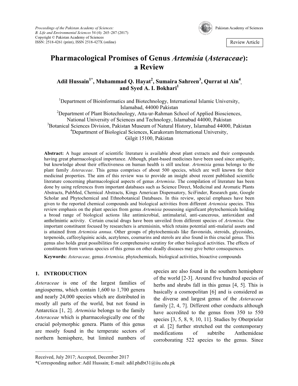 Pharmacological Promises of Genus Artemisia (Asteraceae): a Review