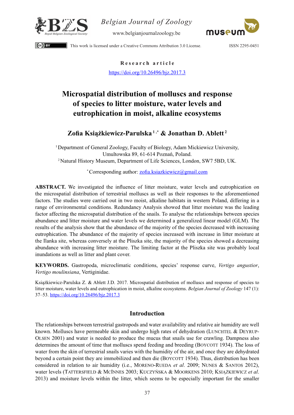 Microspatial Distribution of Molluscs and Response of Species to Litter Moisture, Water Levels and Eutrophication in Moist, Alkaline Ecosystems