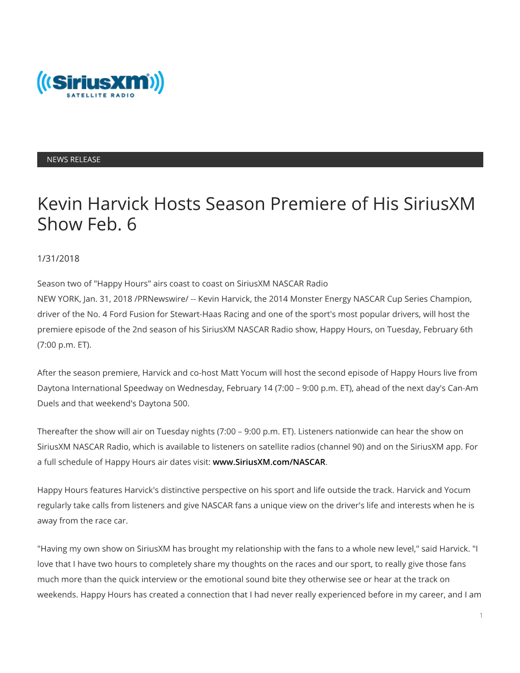 Kevin Harvick Hosts Season Premiere of His Siriusxm Show Feb. 6