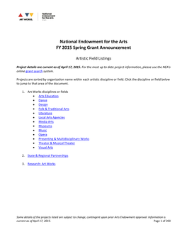 National Endowment for the Arts FY 2015 Spring Grant Announcement